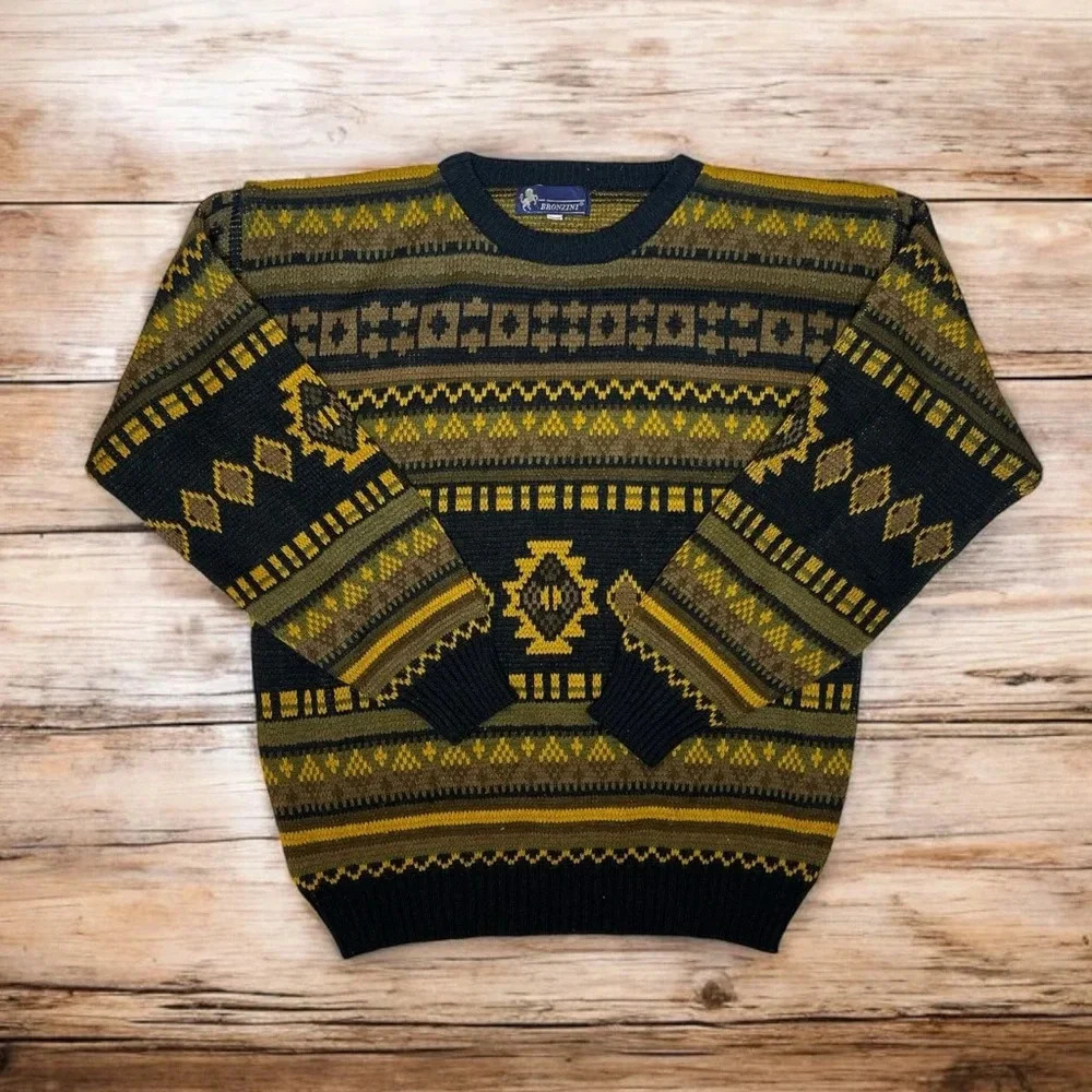 Vintage 80s Bronzini Geometric Quirky Print Artsy Knit Crewneck Grandpa Sweater